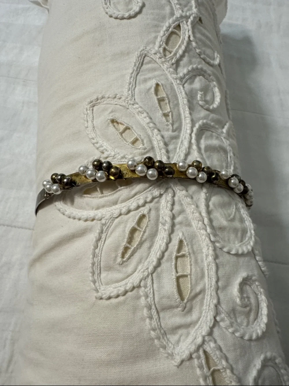 Beaded Pearl Accent Metal Headband - Vintage Brass Tone